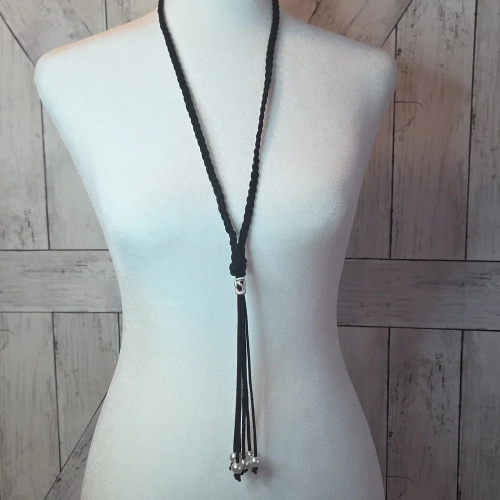 Plunder Black Tassel Necklace with Pearl Accents